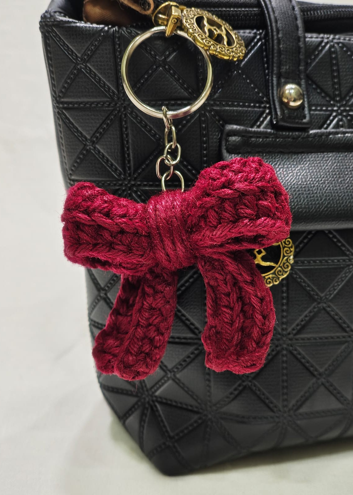 Maroon Bow Keychain- Crochet