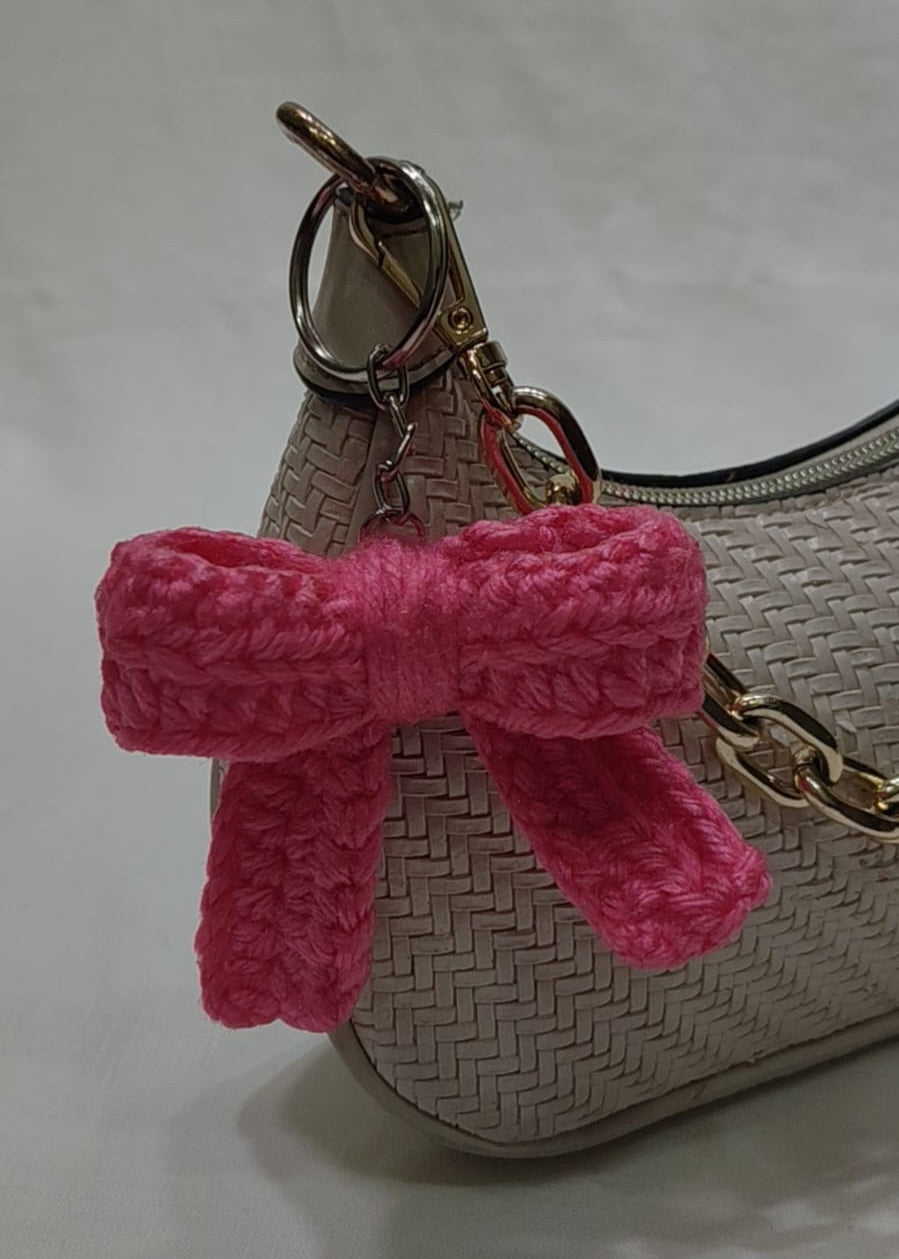 Pink Bow Keychain- Crochet