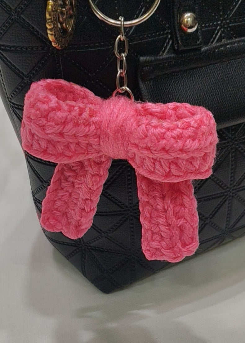 Pink Bow Keychain- Crochet